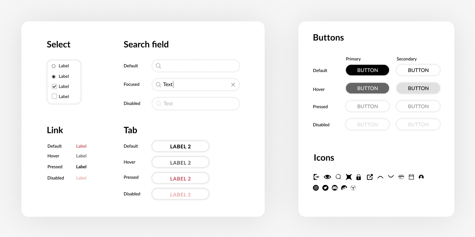 Select, search field, link, tab, buttons in two ranks, and the icon set