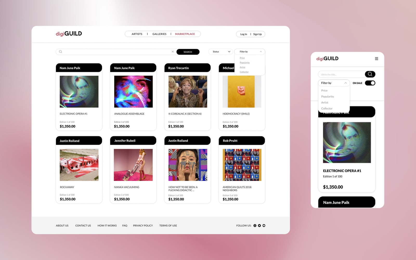 The marketplace page in desktop and mobile widths