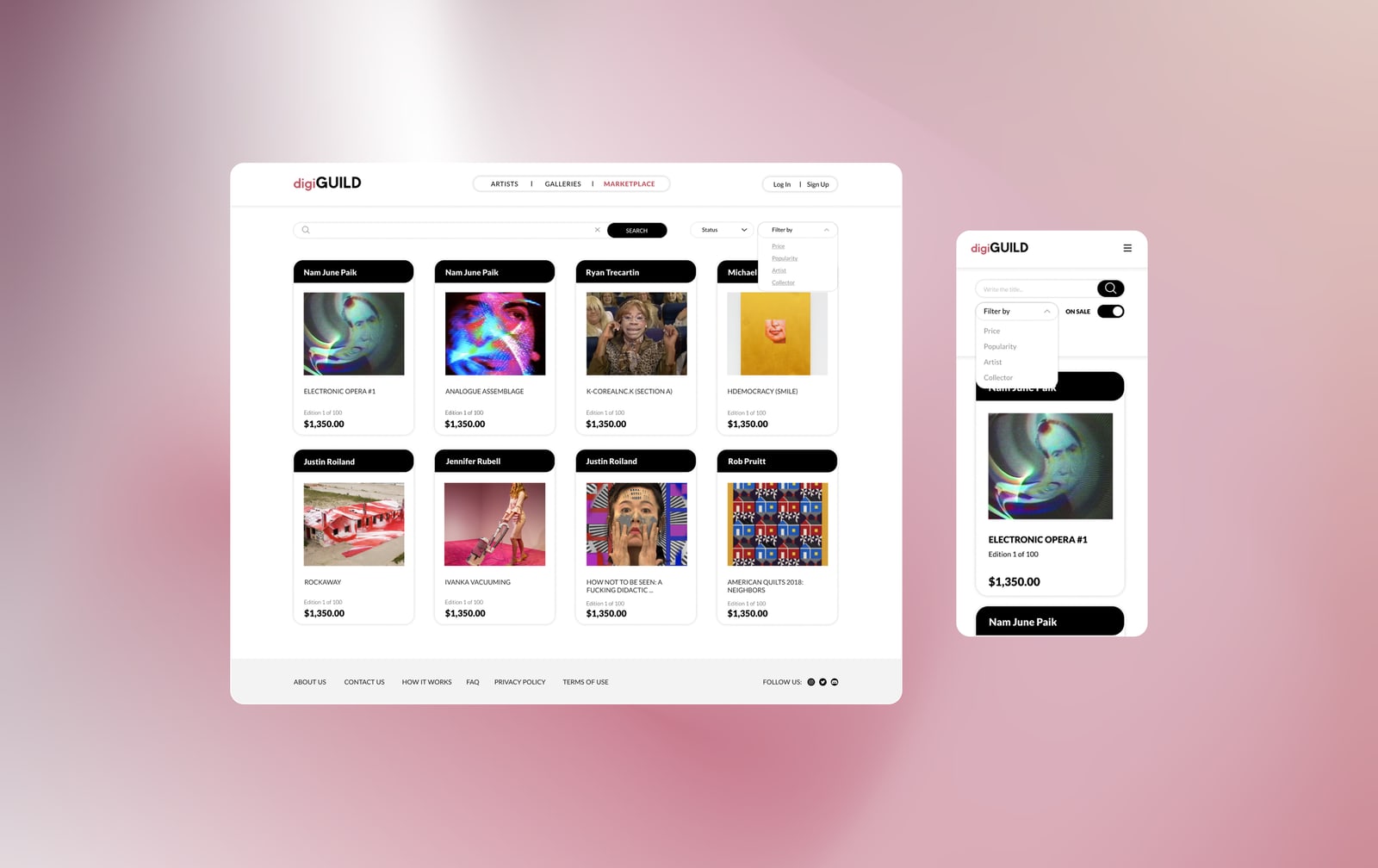 The marketplace page in desktop and mobile widths, with the filter panel open