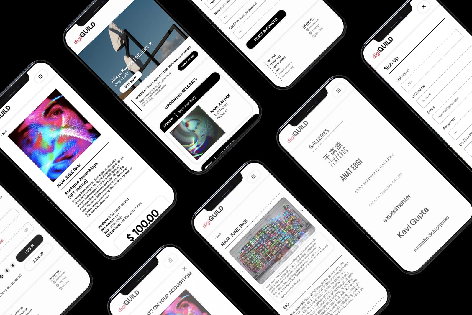 Phone screens: the drop banner, upcoming releases, galleries, an artist page and the NFT page