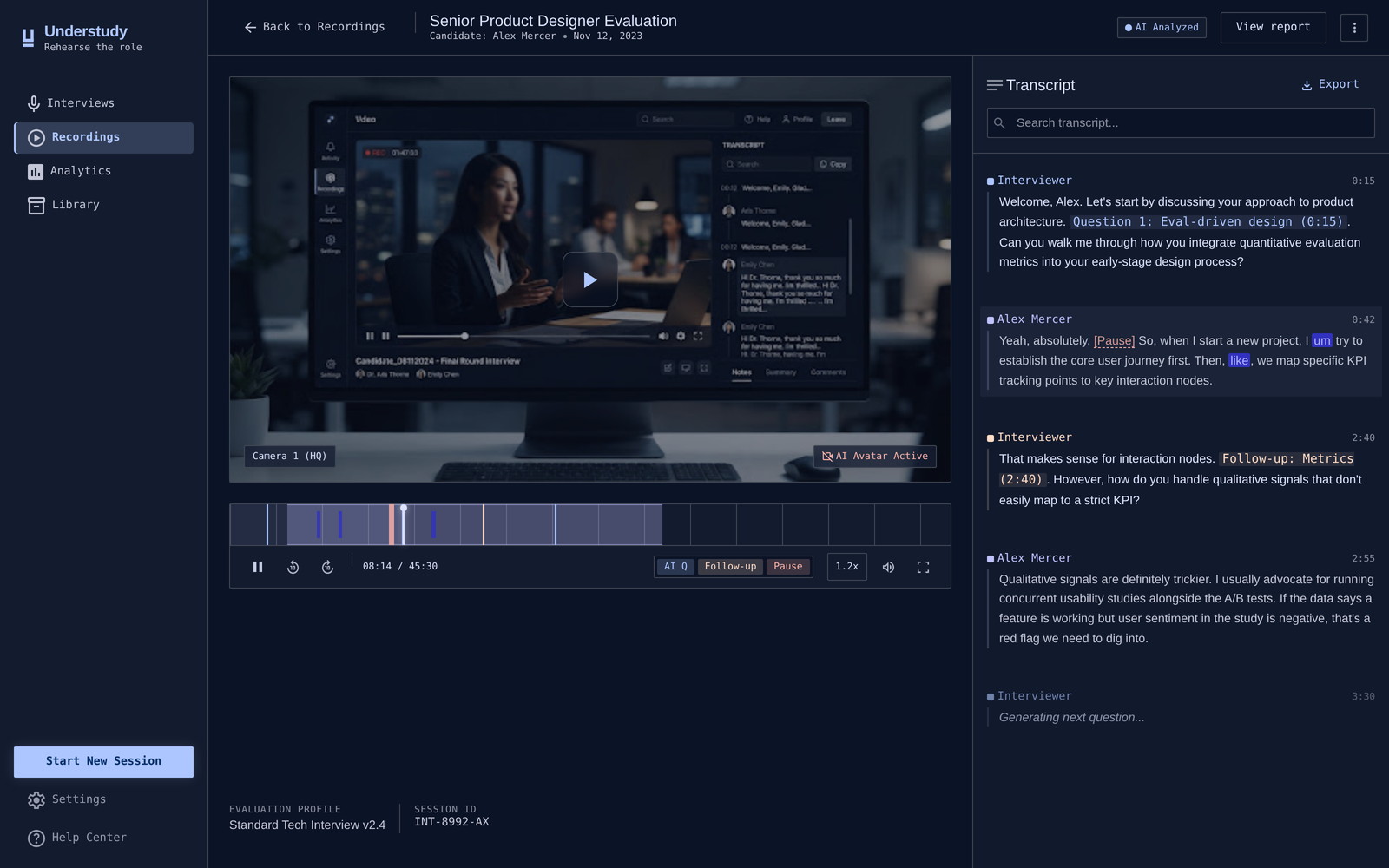 Recording player with transcript synced to timecoded markers